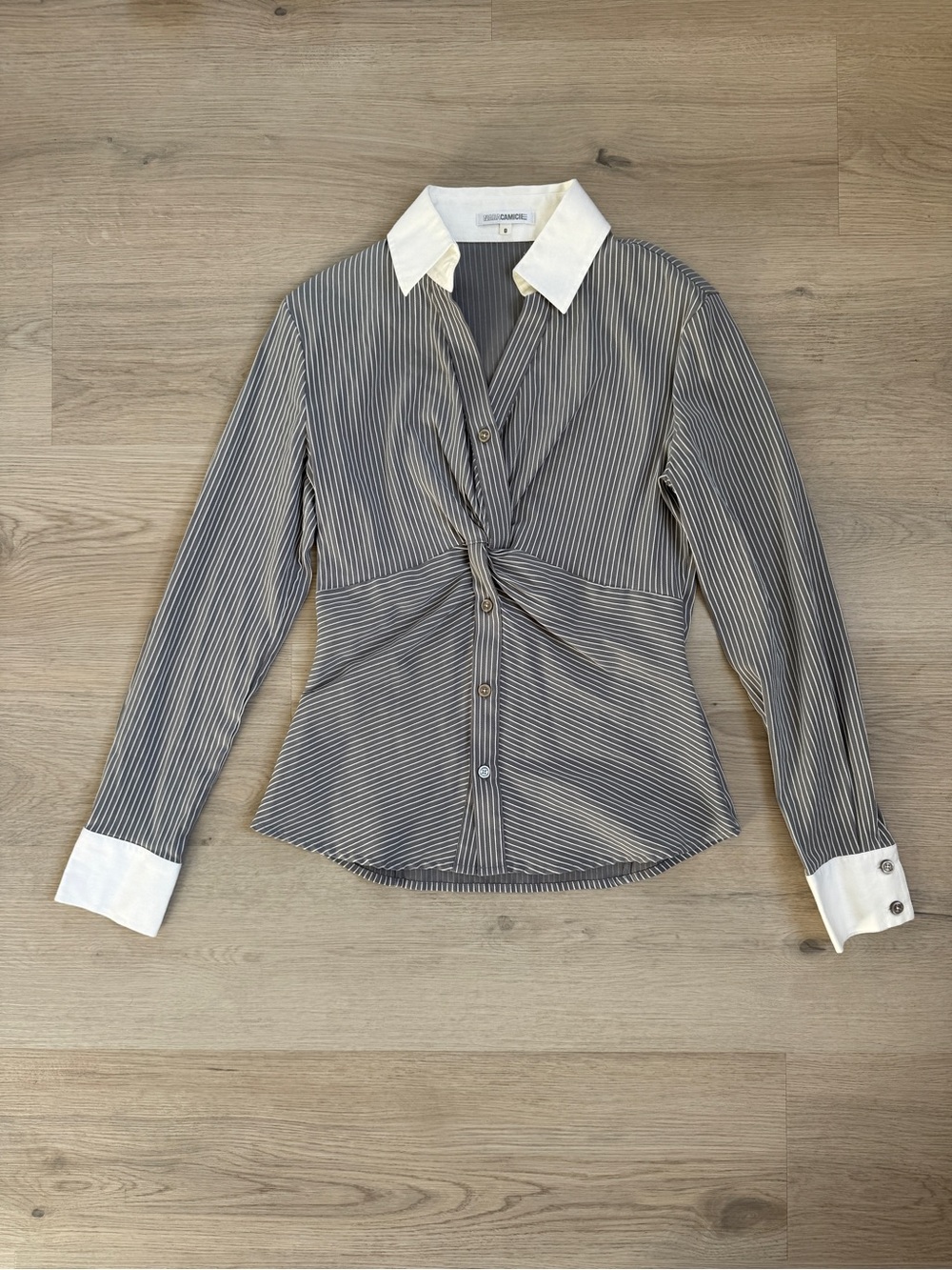 Naracamicie Gray Pinstripe Twist-Front Blouse with White Collar & Cuffs